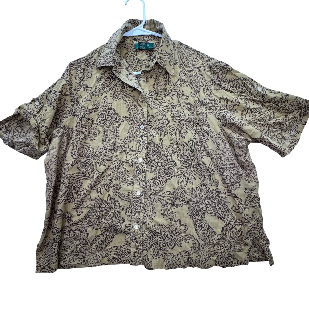 Lauren Ralph Lauren Button Down Women 2X Tan Paisley Cotton Roll Tab Boho